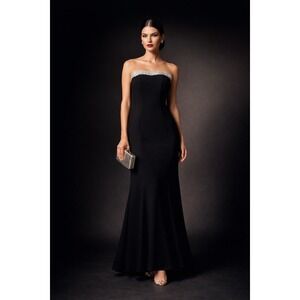 Black Strapless Crystal Rhinestone Trim Formal Gown Gala Prom Maxi Dress Sz S